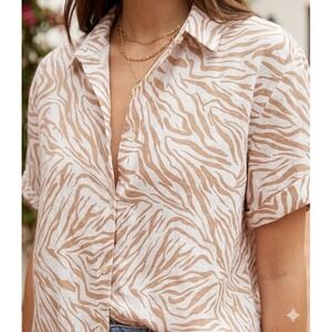 Cynthia Rowley 100% Linen Tan Zebra Striped Short Sleeve Shirt M Coastal Safari